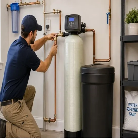 Lake Norman Plumbing Co. technician installs a whole-house water softener system with copper piping.
