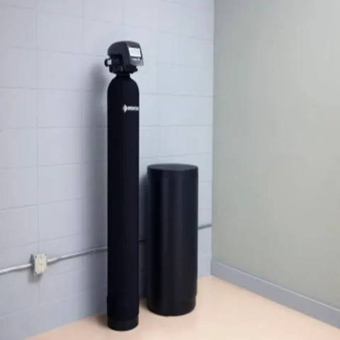 Pentair Water Solutions black whole house water softener system with digital control valve and brine tank