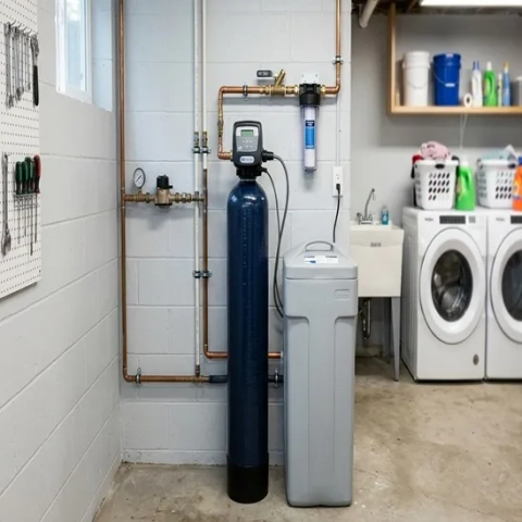 Professional water softener system in a basement featuring a large blue mineral tank, a grey brine tank, and copper plumbing