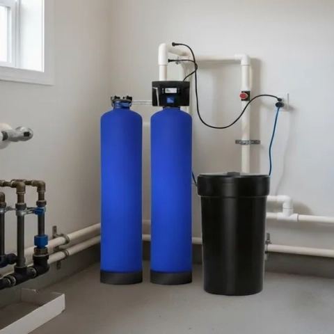 Dual blue tank water softener system with digital control valve and black brine tank plumbing.