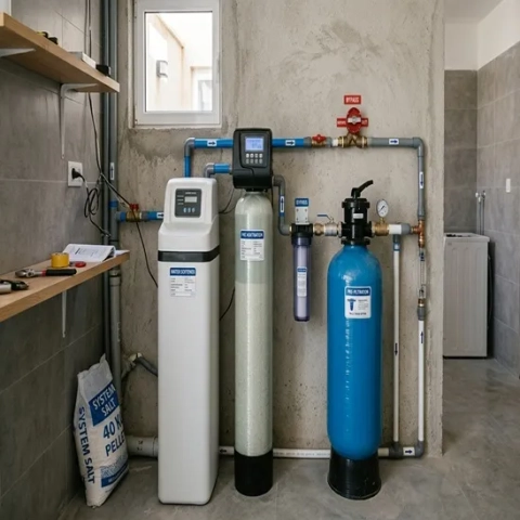 Professional whole-house water filtration and softening system in place from Water Softener Plumbing Techs.
