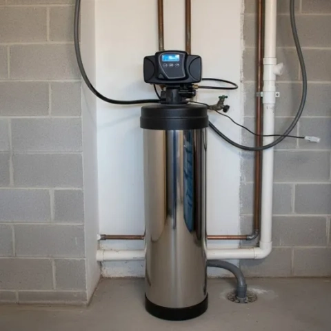 Q H2O Quality Water Softener with a stainless steel tank and digital control valve.