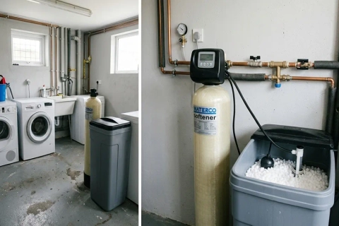 Waterco Softener system with digital control valve and salt brine tank in a utility room.