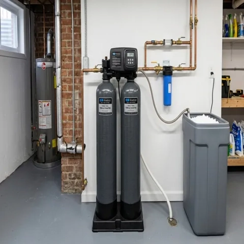 Professional water softener system with brine tank and copper piping by Well Doctor LLC.