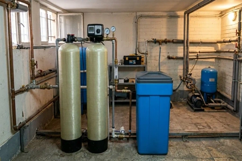Professional WyattWorks Plumbing water softener installation with twin fiberglass tanks and blue brine tank.