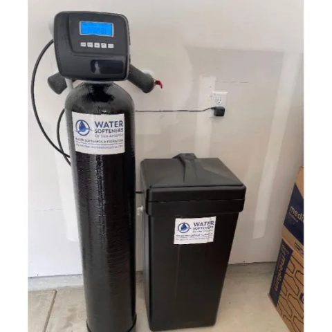Water Softeners of San Antonio Water Softener with a black mineral tank and a brine tank.
