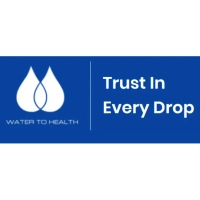 Water To Health LLC logo featuring interlocking water drop icons and the slogan "Trust In Every Drop" on a professional blue background