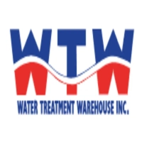 Water Treatment Warehouse Inc. logo featuring bold blue and red WTW initials with a central white wave graphic, representing high-volume water filtration and treatment supply.