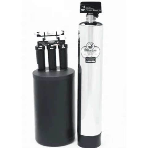 Professional point-of-entry four-function home water conditioning tower engineered to neutralize hard water minerals, remove chlorine taste, and prevent plumbing scale buildup, supplied by Water Works For Life