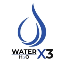 Water X3 logo featuring a stylized blue water drop and professional $H_2O$ typography