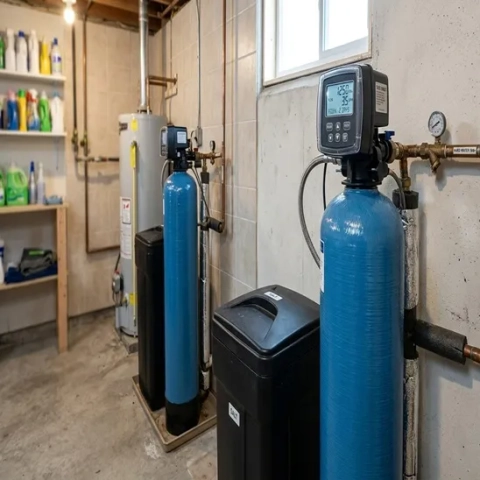 Whole-house water softener system with blue tanks and digital controller