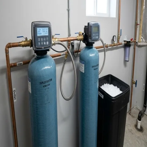 Caliber Plumbing installed duplex system water softener resin tanks with digital control valves.