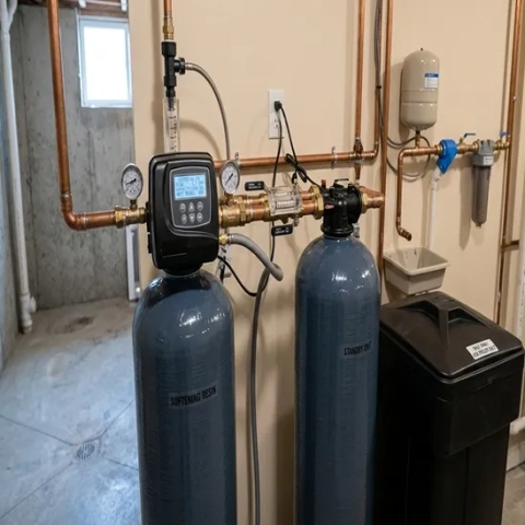 Dual-tank water softener system by Erspamer Plumbing Inc. providing commercial plumbing services.