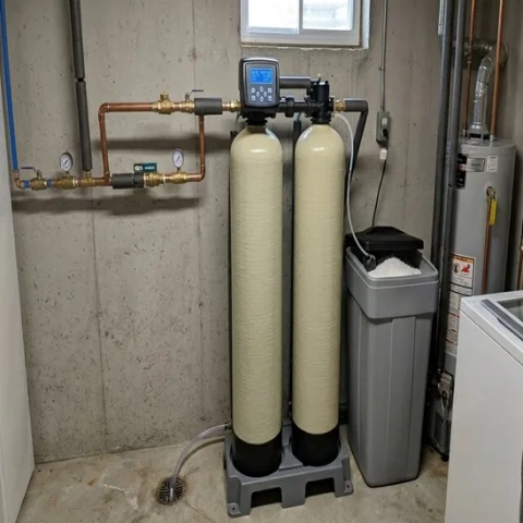 Flow Tech Home water softener dual tank system with a digital control valve installed in a basement.