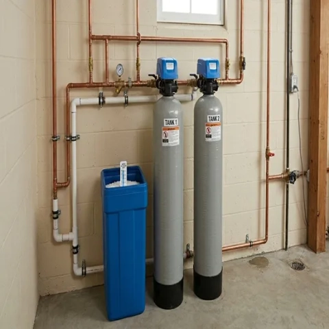 Two-tank water softening setup with mineral tanks, brine container, and copper pipes in a utility room.