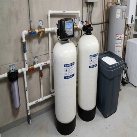 Preferred Plumbing dual-tank water softener system with digital control valve and brine tank.