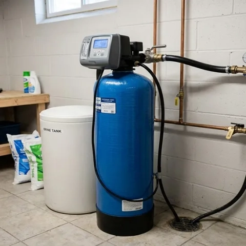 Proven Plumbing blue water softener tank with a digital control valve and white brine tank.