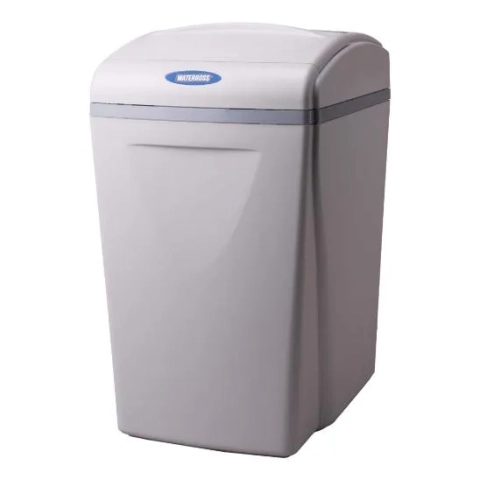 Modern WaterBoss cabinet water softener with integrated resin and brine tank systems.
