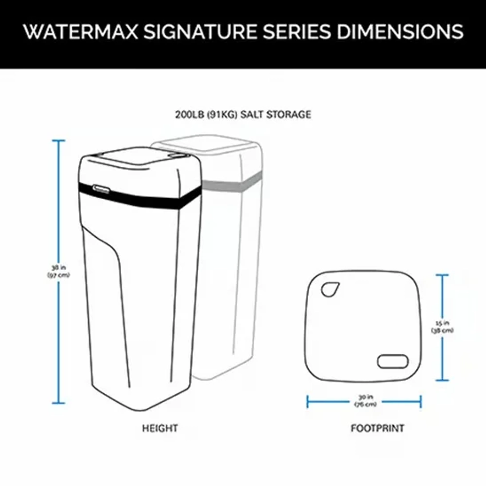 Hague WaterMax Signature Series dimensions: 38" height, 20" wide footprint, 200lb salt capacity.