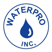 Circular blue and white company logo for WaterPro Inc. water conditioning services in Lubbock