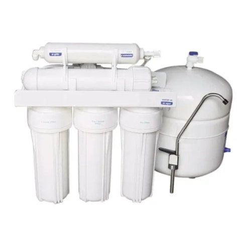 Under-sink WaterPro reverse osmosis system featuring white filter housings, inline filters, and tank
