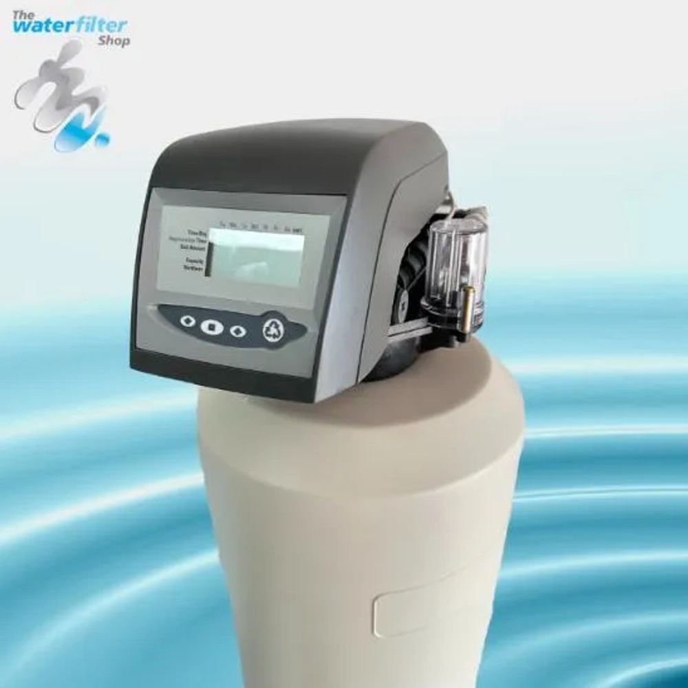 Water Softener twin tank system removing calcium/magnesium using high-capacity resin and automatic backwash.