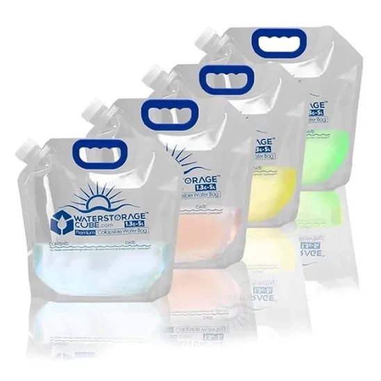 Four 1.3 Gallon WaterStorageCub Premium Collapsible Water Container Bags.