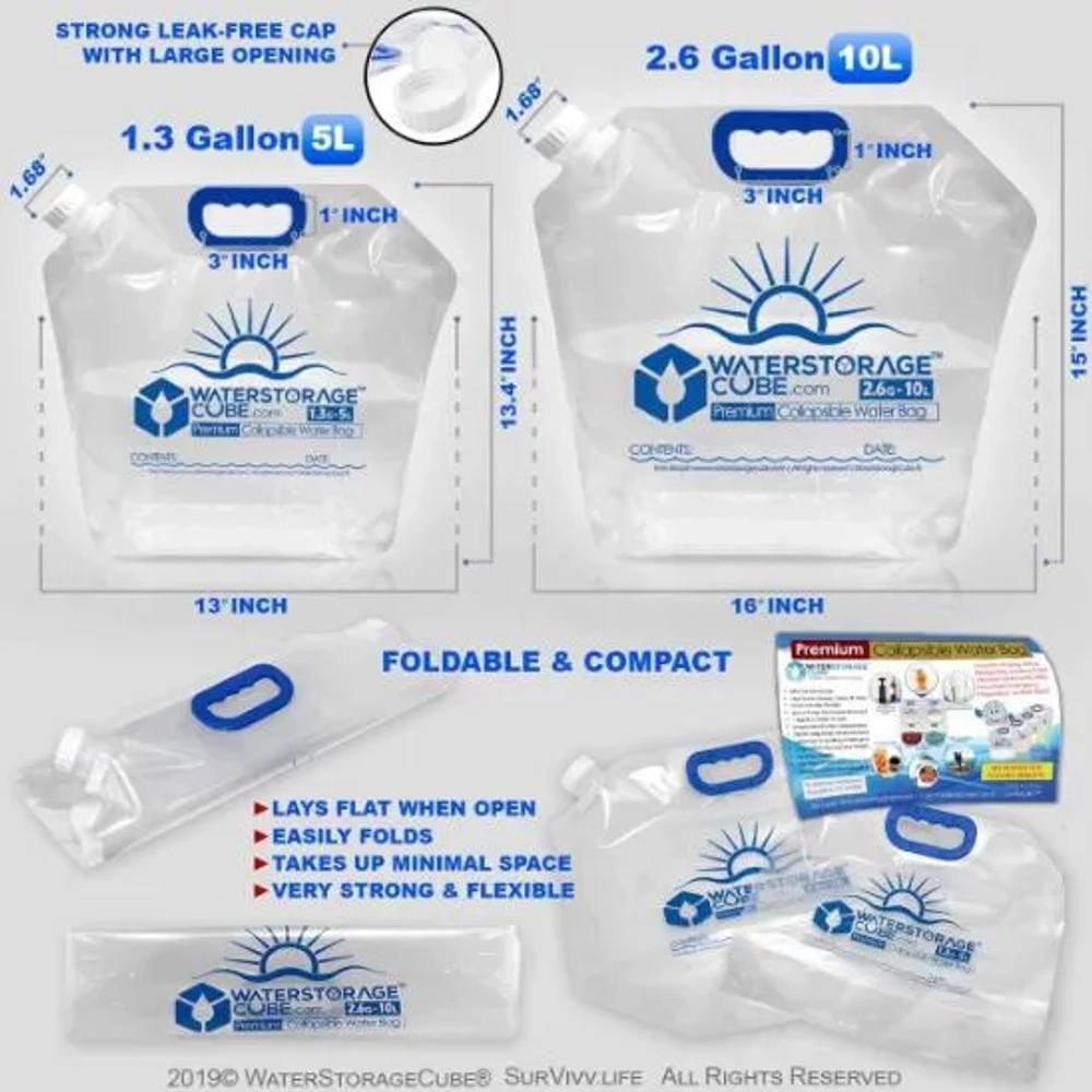 WaterStorageCube Premium Collapsible Water Container Bags 2.6 Gal (4-Pack)