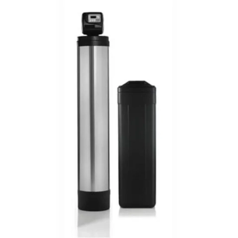 WaterXpro WPCC Water Softener system: stainless steel mineral tank and separate black rectangular brine tank.