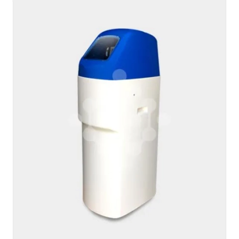 WaterBerrys Water Softener with white cabinet body, blue top cover, and integrated digital display screen
