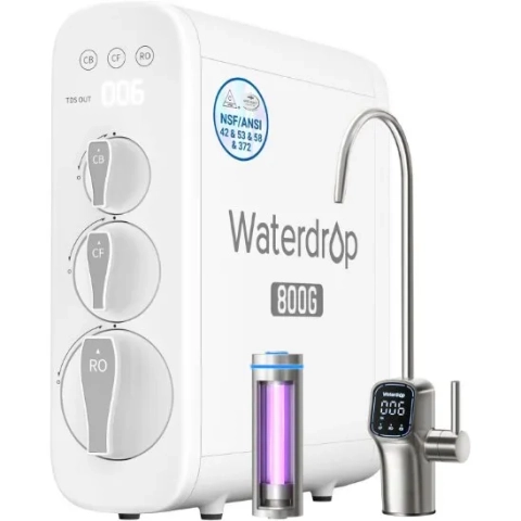 Waterdrop G3P800 tankless RO system with UV-LED sterilization and 800 GPD high flow water filtration.
