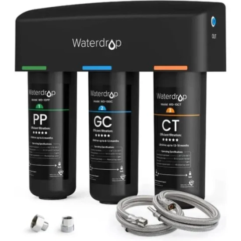 Waterdrop 3-stage under-counter direct connect system featuring PP, GC, and CT black filter cartridges