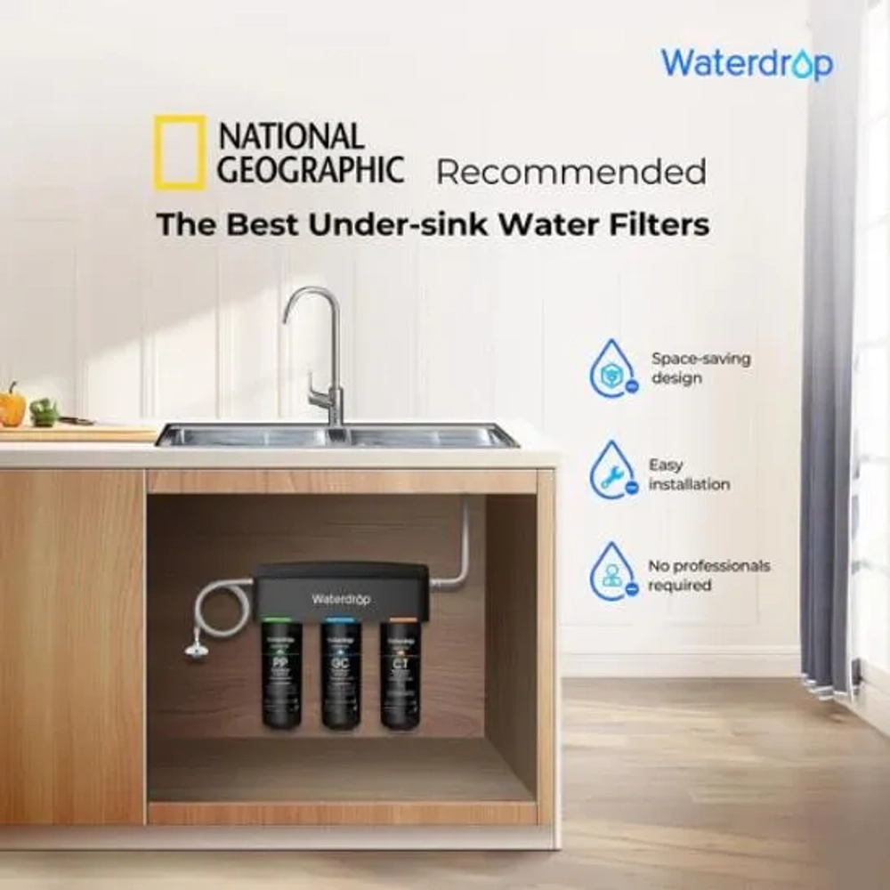 Waterdrop 3-stage under-sink water filter system installed in kitchen cabinet beneath a modern sink