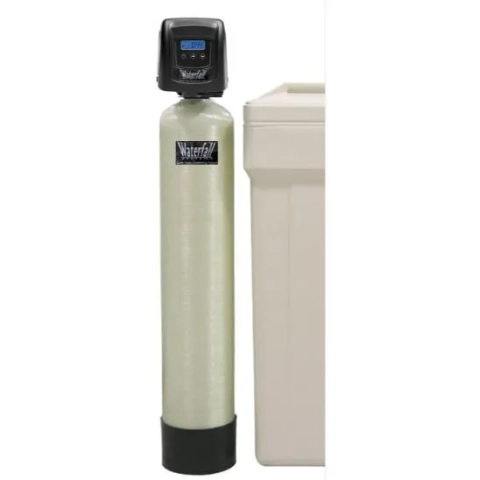 Waterfall Systems water softener with digital control valve and tan brine tank for home water treatment.