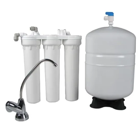 WaterSoft TFC3 Reverse Osmosis system with three filters, storage tank, and chrome faucet
