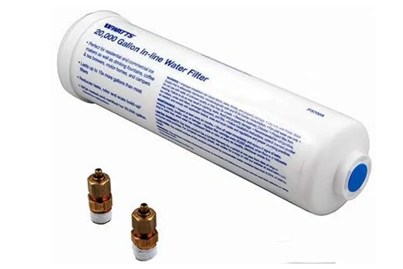 Watts Inline water filter with 20,000 gallon Capacity, and 2 brass connectors.