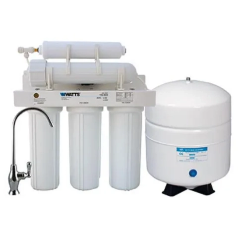 Watts under-sink reverse osmosis system featuring three pre-filters, membrane, and storage tank.
