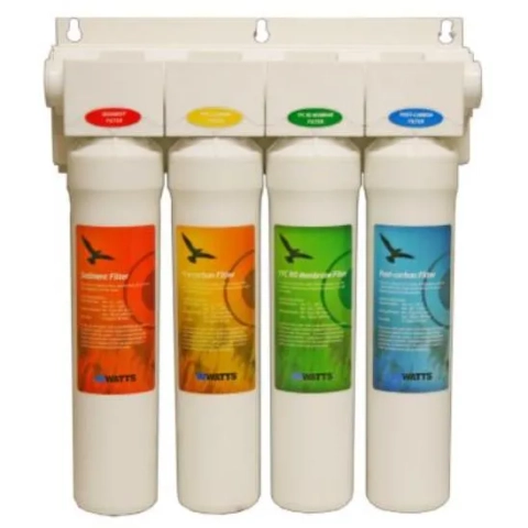 nder-sink Watts RO water purifier unit with four color-coded replacement filter cartridges