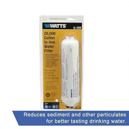 Box of Watts Inline Water Filter, showing it has a 20,000-gallon Capacity and reduces sediments for a better taste of water.