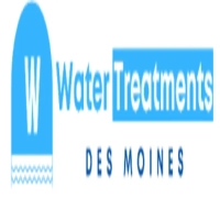 Water Treatments Des Moines logo featuring a white letter "W" with wave graphics inside a blue arch next to a blue block text layout on a white background