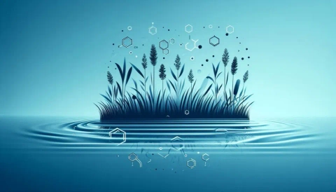 Digital art of dark aquatic plants rising from blue water with organic chemistry symbols floating above.