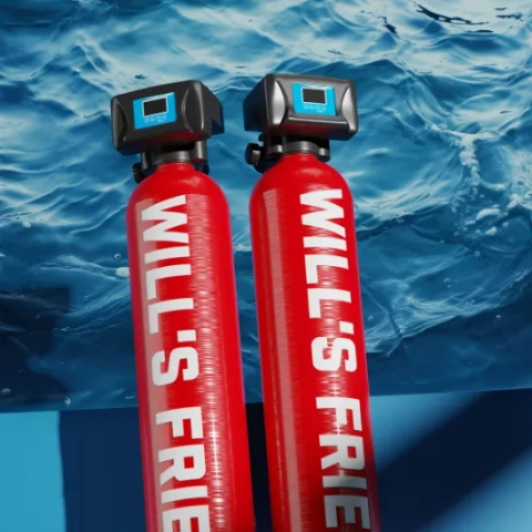 Will's Friends "The Little Guy" water softener twin tanks in red with black control heads.