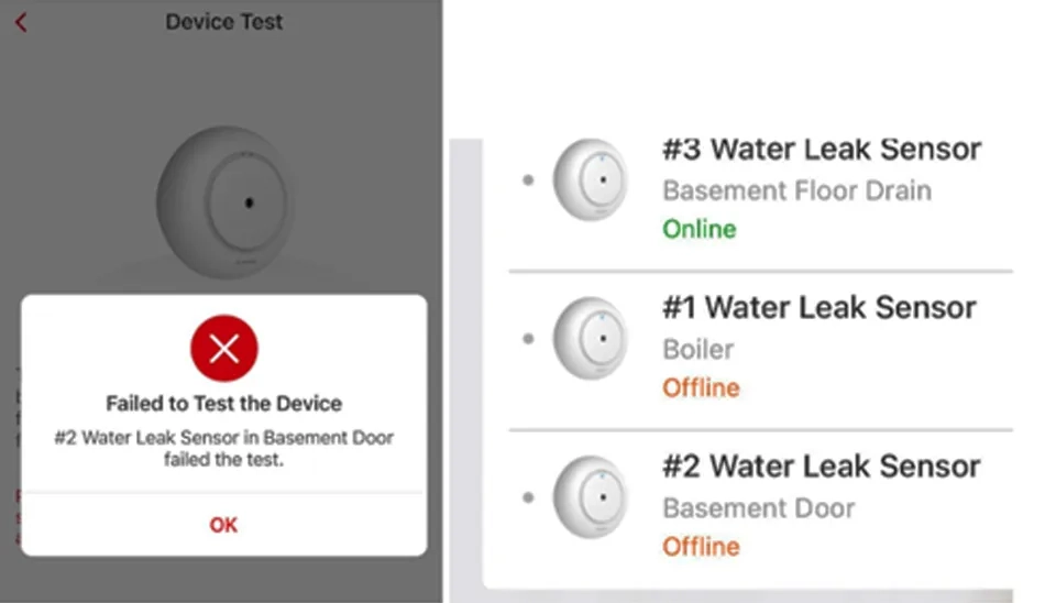 X-Sense Water Detector Alarm The device could not be connected to WiFi (left) The base station kept dropping offline, which made water sensors go offline (right)