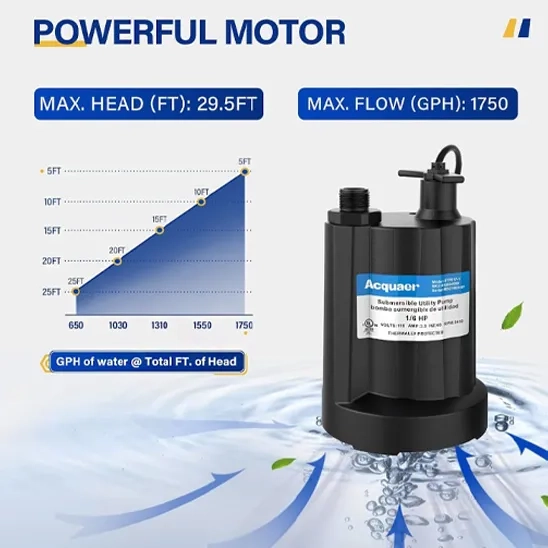 Acquaer 1/6 HP pump graphic showing 1750 GPH flow rate and a maximum water transfer head of 30 feet.