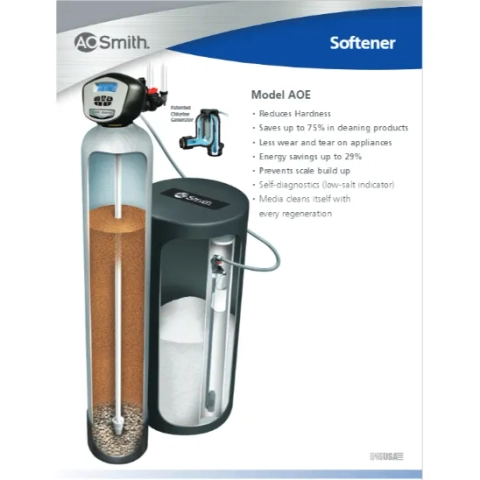AO Smith water softener system diagram highlighting the patented chlorine generator feature.