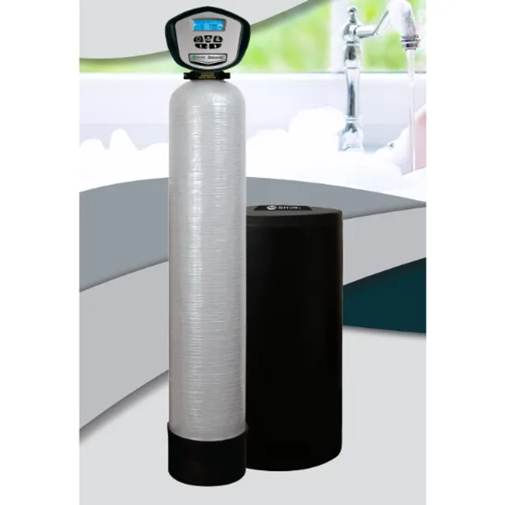AO Smith AOE-844(U) Water Softener featuring a large resin tank and a separate brine tank.