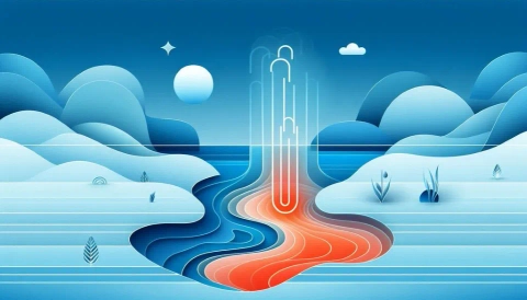 An abstract illustration of thermal pollution showing a hot, red stream flowing into a cool, blue river.