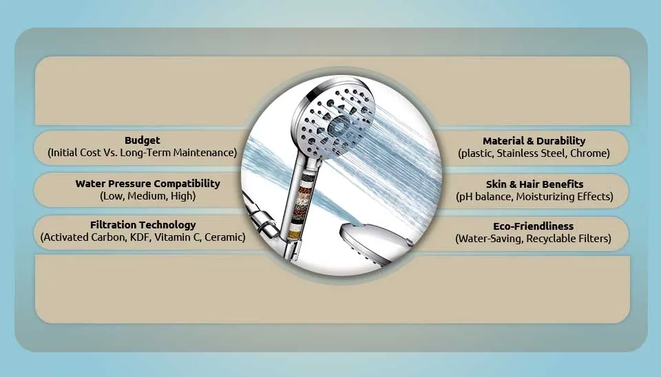 Infographic showing filtered shower head buying guide factors like budget, skin benefits, and KDF.