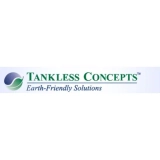 Clean vector logo for Tankless Concepts set against a subtle blue-and-white gradient background.