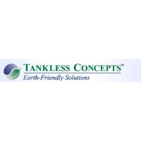 Clean vector logo for Tankless Concepts set against a subtle blue-and-white gradient background.